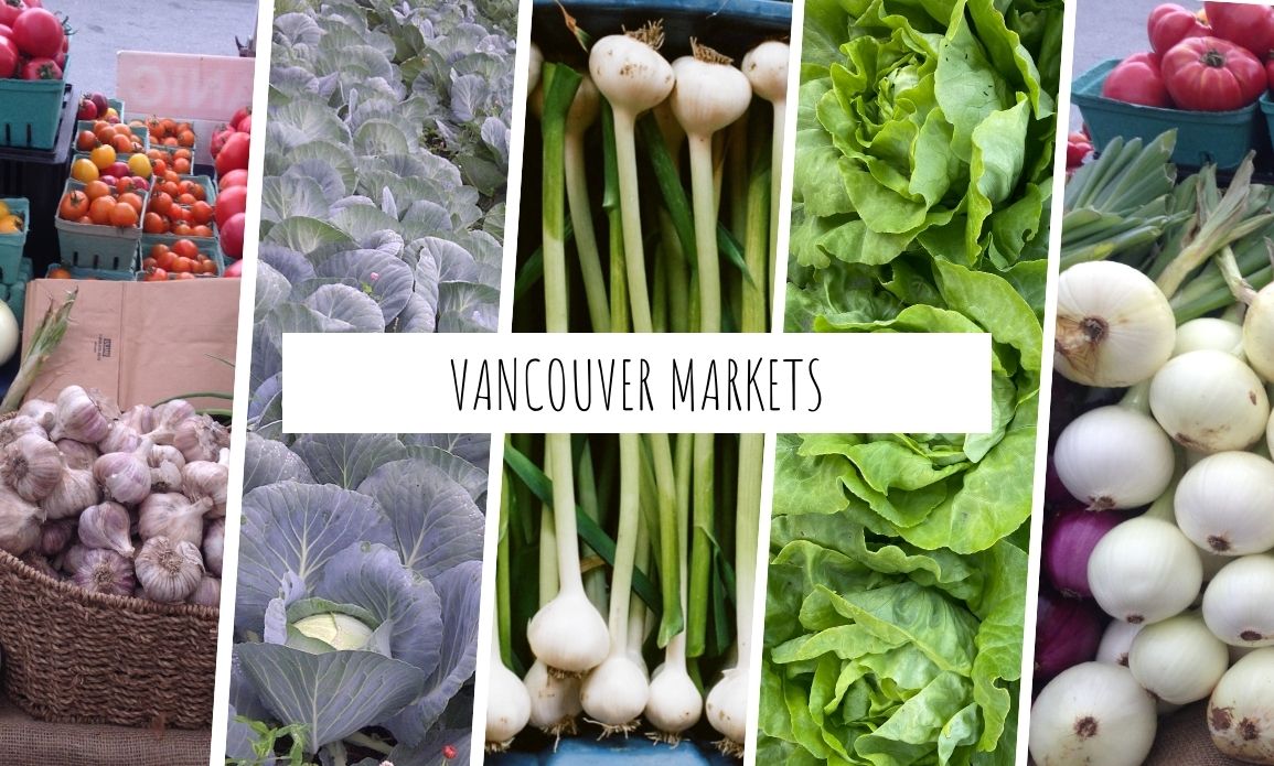 Collage of fresh certified organic vegetables including tomatoes, cabbage, spring onions, lettuce, garlic and onions at Ice Cap Organics Vancouver farmers market stand, with text reading Vancouver Markets